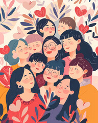 A joyful group of diverse women sharing smiles and warmth, surrounded by colorful hearts and floral patterns, showcasing friendship and unity.