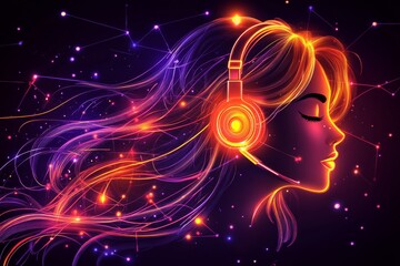 Obraz premium Glowing neon illustration of a woman with flowing hair and headphones symbolizing music creativity and digital connection in a vibrant world