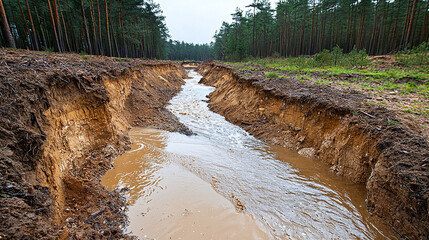 soil erosion in a deforested area, with muddy water flowing into a once-clear stream