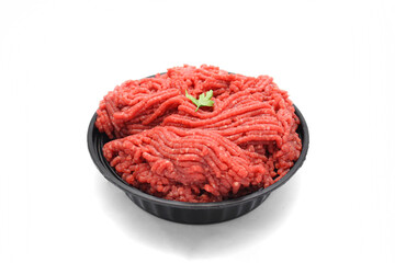 Top View Fresh Raw Minced Beef in Black Bowl Isolated on White Background