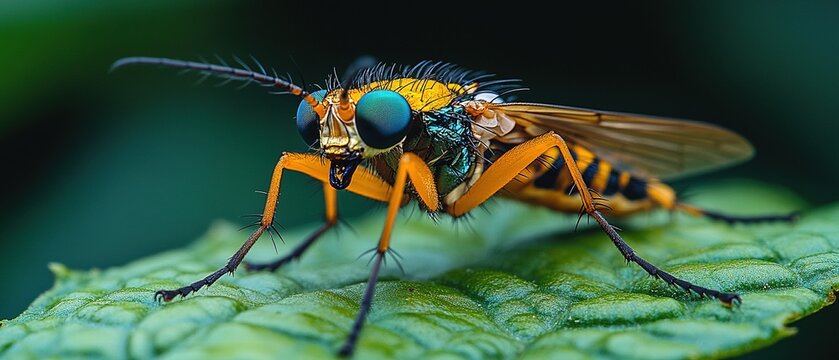 Close-Up of a Snake Fly Perched on Green Leaf Against Nature Background in Vibrant Colors