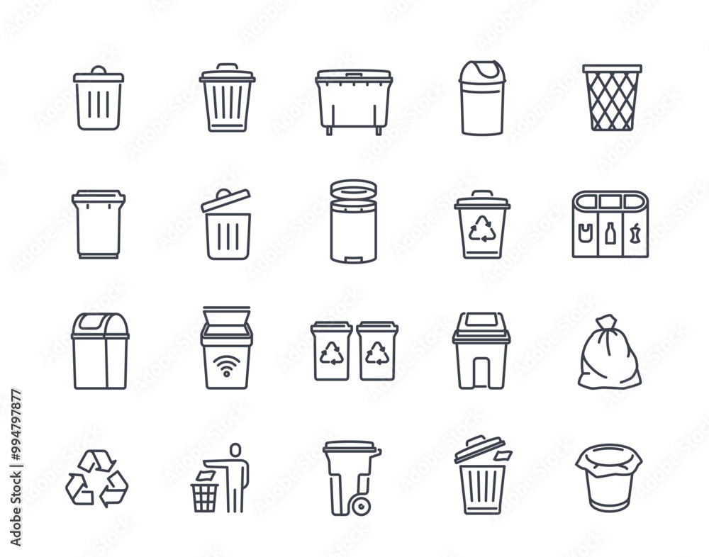 Poster bin line icon set. simple symbols with wastebasket, trash can or delete button. editable stroke. des
