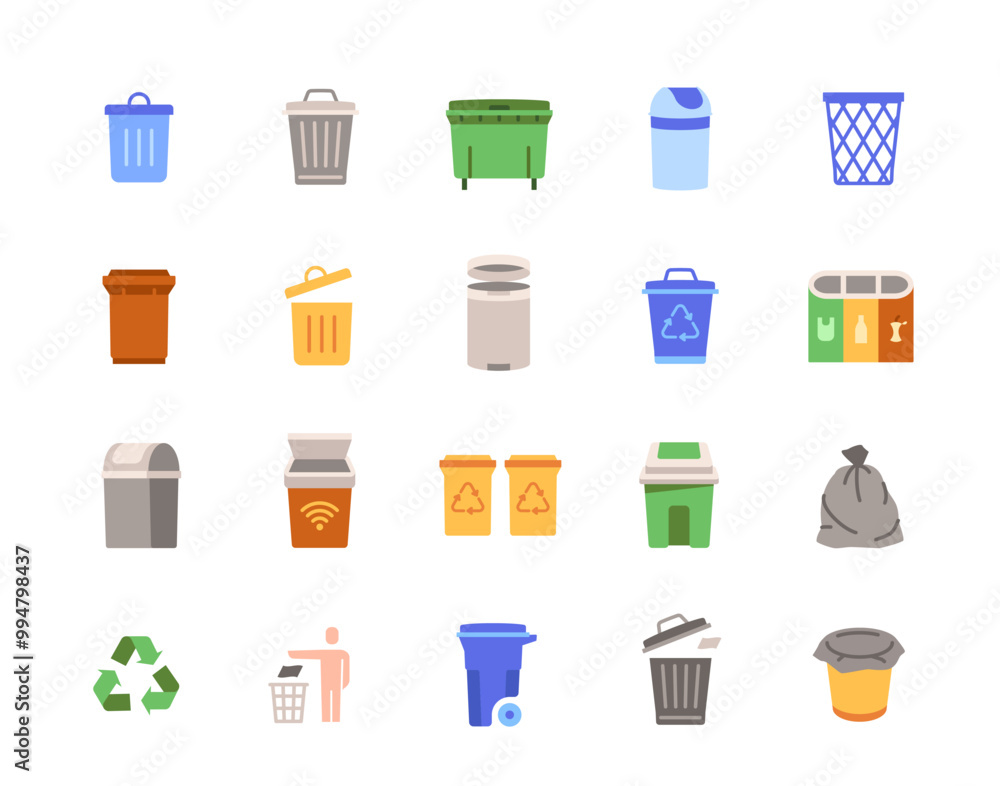 Poster bin icon set. colorful signs with wastebasket, trash can or delete button. garbage container. design