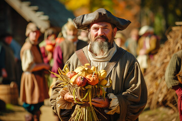 Obraz premium American Pilgrim Settler receiving a harvest gift from Native American tribe during a Thanksgiving gathering in 16th century