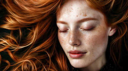 Naklejka premium Closeup portrait of a beautiful female model with red hair. She is looking downward and has pale skin and an abundance of freckles. Redheaded woman. Sensual and mysterious.