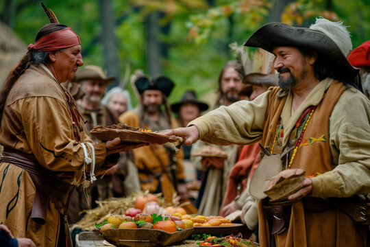 Harvest Ingathering by Native American tribe preparing harvest food and sharing with Pilgrim settlers during Thanksgiving celebrations