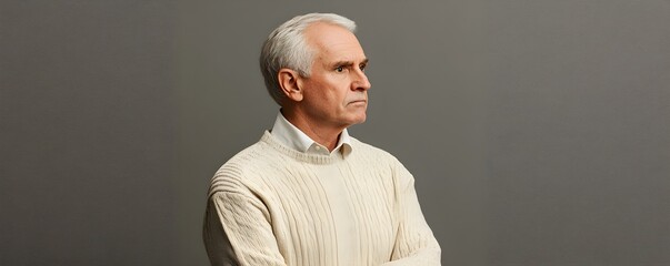 Sad senior man isolated on gray background. Studio portrait. Dementia and Alzheimer's disease concept. Memory loss awareness. Banner with copy space
