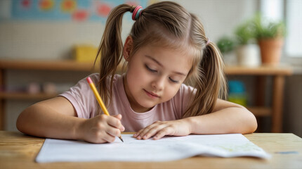 A young female kindergarten student in her classroom, sitting at her desk, drawing on a piece of paper.