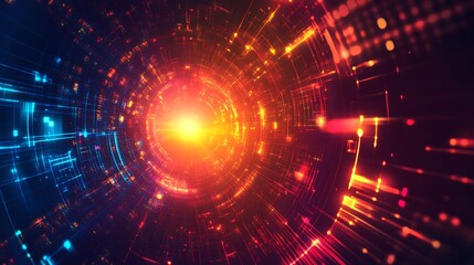 Obraz premium Abstract digital tunnel with glowing lines and light in red and blue color.