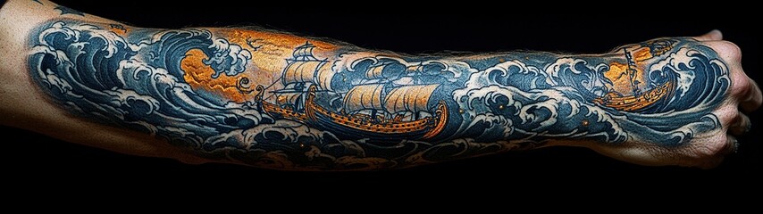 Intricate Viking Ship Tattoo Design with Elaborate Patterns and Norse Symbolism for Body Art Lovers