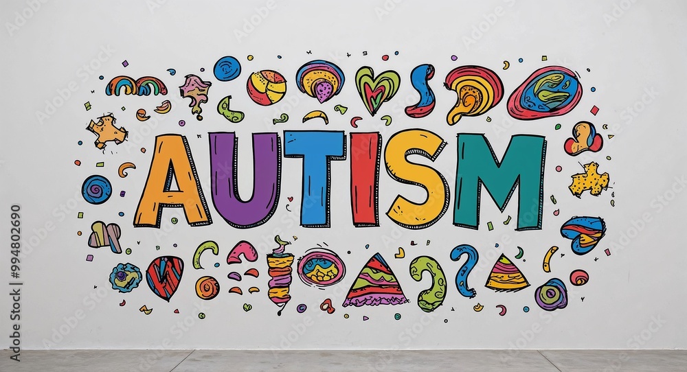 Wall mural autism word lettering with groovy doodles drawing design on plain white background