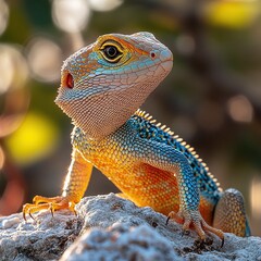 Obraz premium Vibrant Florida Scrub Lizard Perched on a Branch in Natural Habitat Against a Bright Background