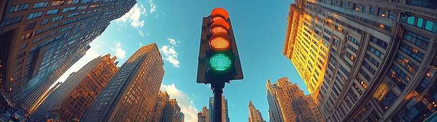 Vibrant Green Traffic Light Illuminating Urban Street Scene Against a Clear Blue Sky Background