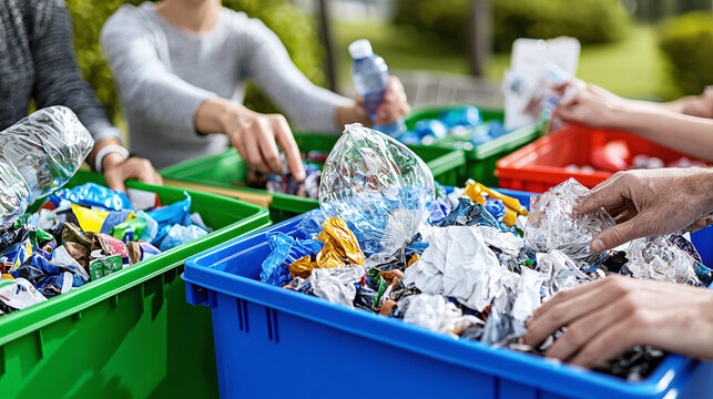 a group sorting recyclables into different colored bins in a community center