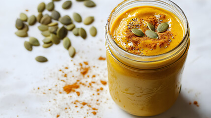 Pumpkin Smoothie in a mason jar, with pumpkin seeds and a sprinkle of nutmeg on top