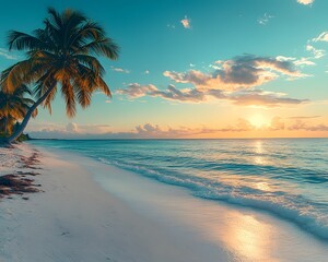 A clean white sandy beach stretches under a vast blue sky, with clear turquoise waters sparkling in the warm sunlight. Soft, foamy waves gently lap the shore perfect for eco-tourism posters or media.