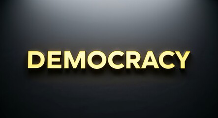Fototapeta premium democracy word lettering with yellow glow on plain black dark background