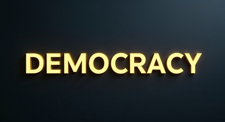 Fototapeta premium democracy word lettering with yellow glow on plain black dark background