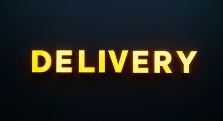 Obraz premium Delivery word lettering with yellow glow on plain black dark background