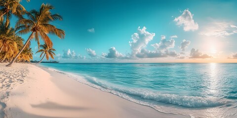 A clean white sandy beach stretches under a vast blue sky, with clear turquoise waters sparkling in the warm sunlight. Soft, foamy waves gently lap the shore perfect for eco-tourism posters or media.