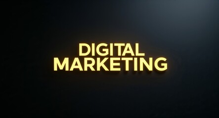 digital marketing word lettering with yellow glow on plain black dark background