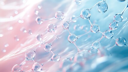 Abstract molecular structure on liquid background with blue and pink hues, showcasing scientific concept