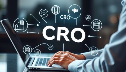 CRO, conversion rate optimization technology concept. A person works on a laptop with CRO related technology icons, symbolizing conversion rate optimization and digital marketing. business strategy,