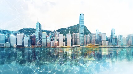 Naklejka premium Modern cityscape network icons double exposure. 