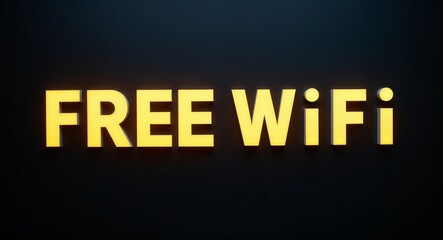 Fototapeta premium free wifi word lettering with yellow glow on plain black dark background