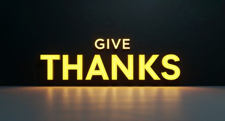Obraz premium give thanks word lettering with yellow glow on plain black dark background