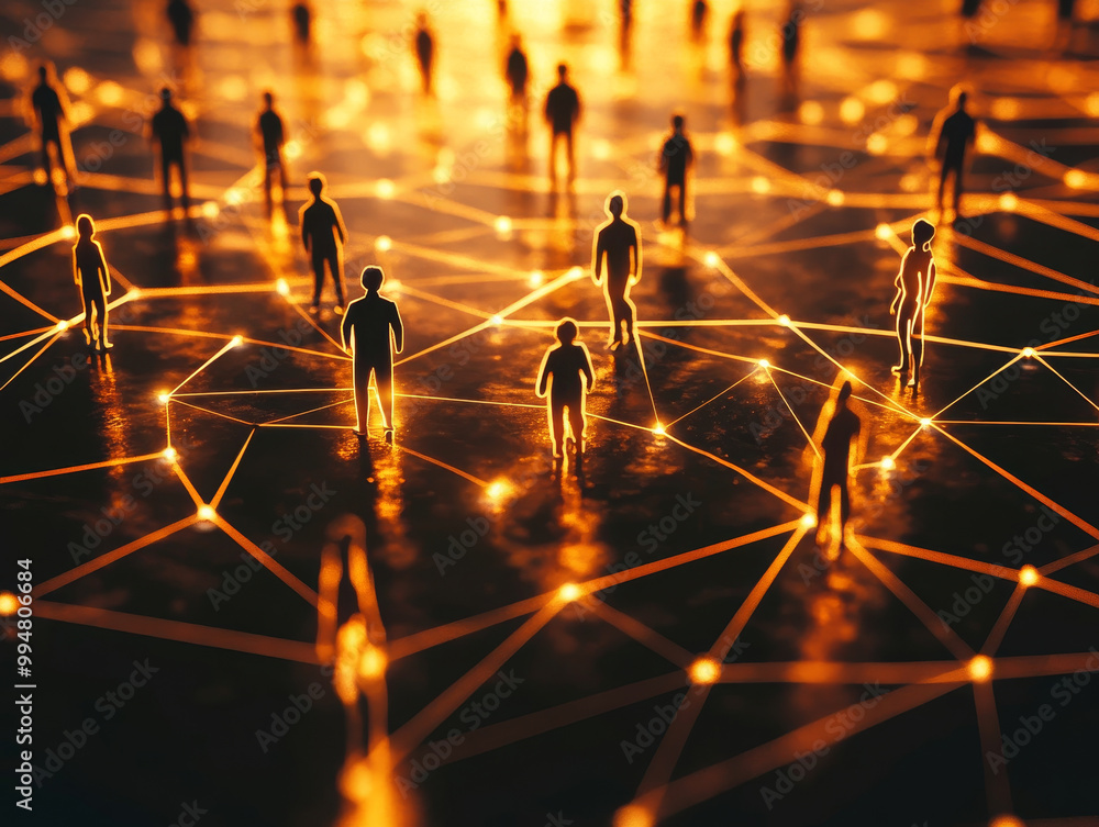Poster connected human silhouettes are illuminated by web of glowing lines, symbolizing unity and interacti