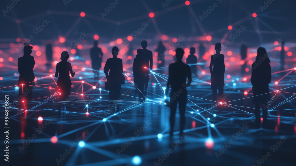 Poster connected silhouettes of people are surrounded by glowing digital nodes, symbolizing network of comm