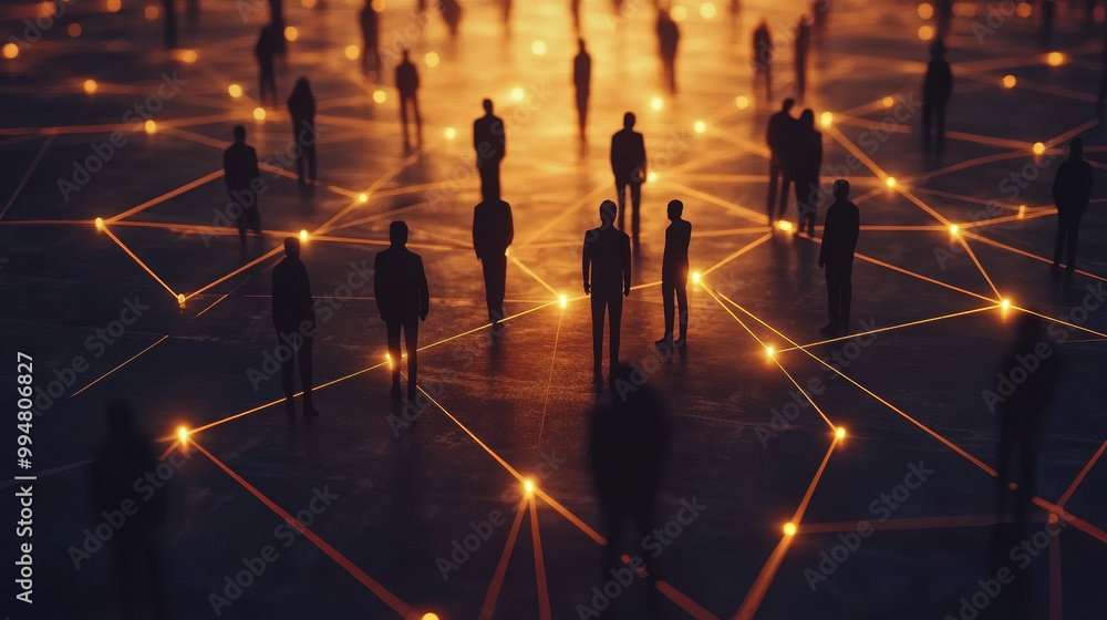 Aufkleber connected silhouettes of people are illuminated by glowing digital nodes, symbolizing networking and