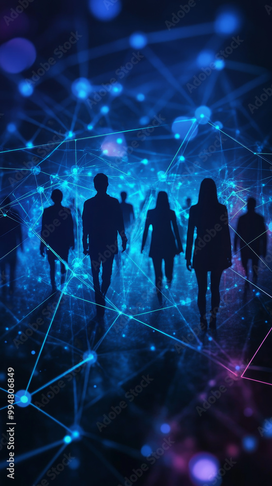 Poster image features silhouettes of people walking through network of glowing digital nodes, creating sens