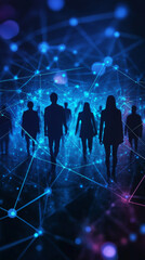 Obraz premium image features silhouettes of people walking through network of glowing digital nodes, creating sense of connection and movement in vibrant, technological environment