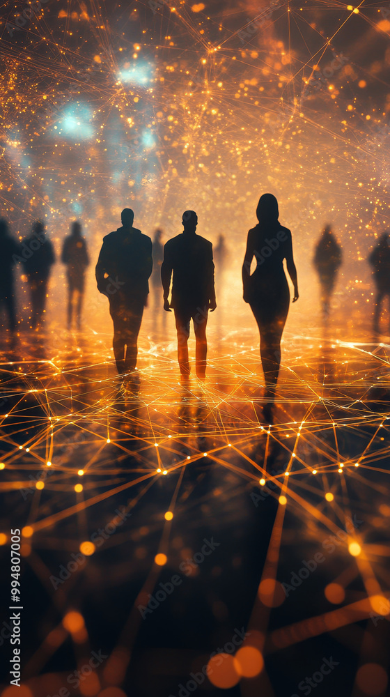 Poster silhouetted figures walk through glowing web of light, creating sense of connection and movement. vi