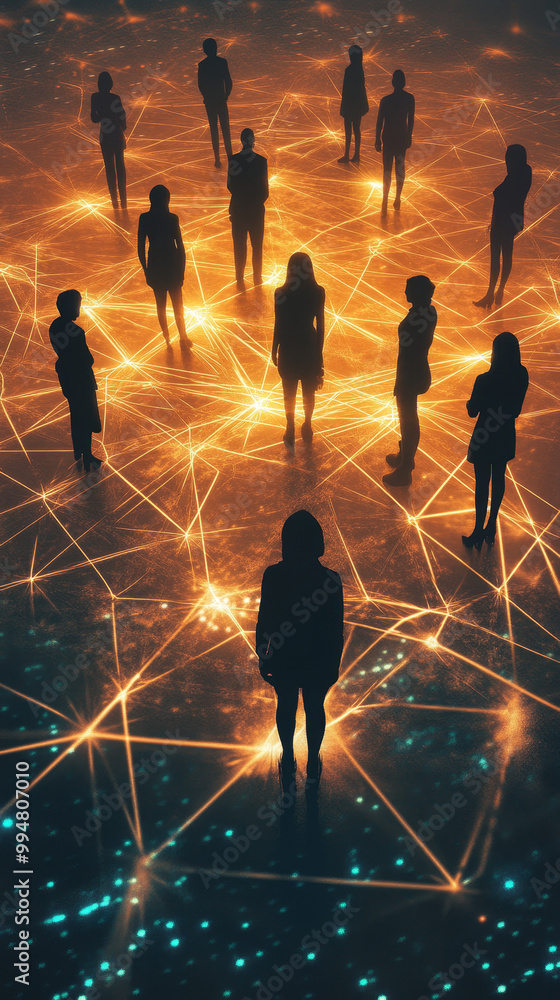 Poster a group of silhouetted figures stands in web of glowing lines, creating dynamic and interconnected a