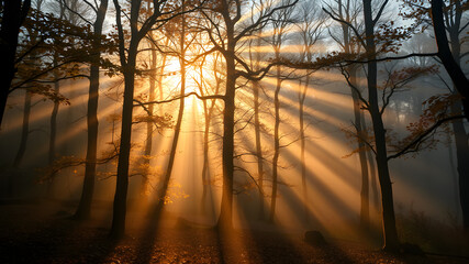 Naklejka premium Misty Forest at Sunrise with Golden Light and Autumn Leaves Creating a Magical Atmosphere