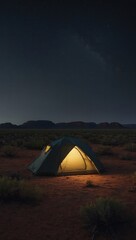 Starry night camping in desert with illuminated tent