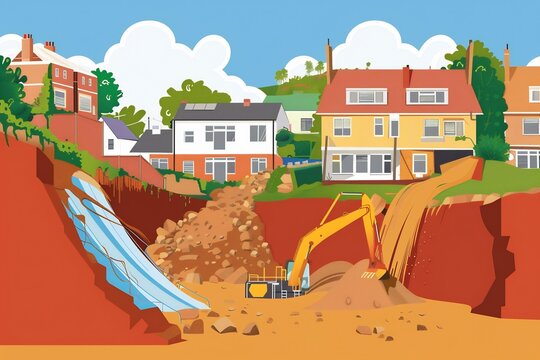 Handwritten vector illustration showcasing dangers of climate changeinduced landslides and flash floods