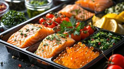 Healthy meal prep containers with chickpeas, chicken, tomatoes, cucumbers and avocados. Healthy lunch in glass containers on beige rustic background. Zero waste concept. Selective focus.
