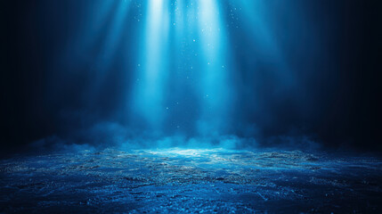 Obraz premium serene underwater scene illuminated by glowing blue light, creating tranquil atmosphere with shimmering water and soft mist. light beams enhance ethereal beauty of depths