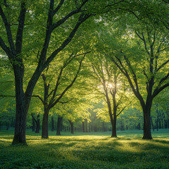 Fototapeta premium serene landscape featuring lush green trees with delicate shades, illuminated by soft sunlight filtering through leaves. tranquil atmosphere invites sense of peace and connection with nature