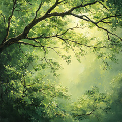 Fototapeta premium Lush green trees with delicate shades create serene atmosphere, inviting tranquility and peace. interplay of light and leaves enhances beauty of nature