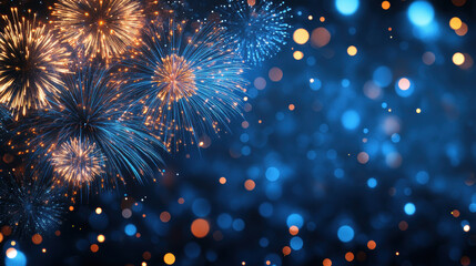 Fototapeta premium Bright blue and orange fireworks burst against dark blue background, creating festive atmosphere filled with vibrant bokeh lights. This captivating display evokes joy and celebration