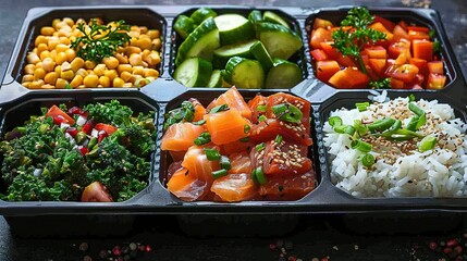 Healthy meal prep containers with chickpeas, chicken, tomatoes, cucumbers and avocados. Healthy lunch in glass containers on beige rustic background. Zero waste concept. Selective focus.