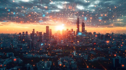 Fototapeta premium Modern cityscape network icons double exposure. 