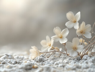 Fototapeta premium Delicate white flowers gracefully arranged on soft, textured background create serene and calming atmosphere, perfect for nature themed designs