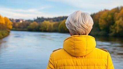 Fototapeta premium Back view of senior woman with short gray hair wearing a yellow jacket, looking out over a calm river surrounded by autumn trees..
