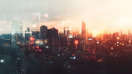 Obraz premium Modern cityscape network icons double exposure. 